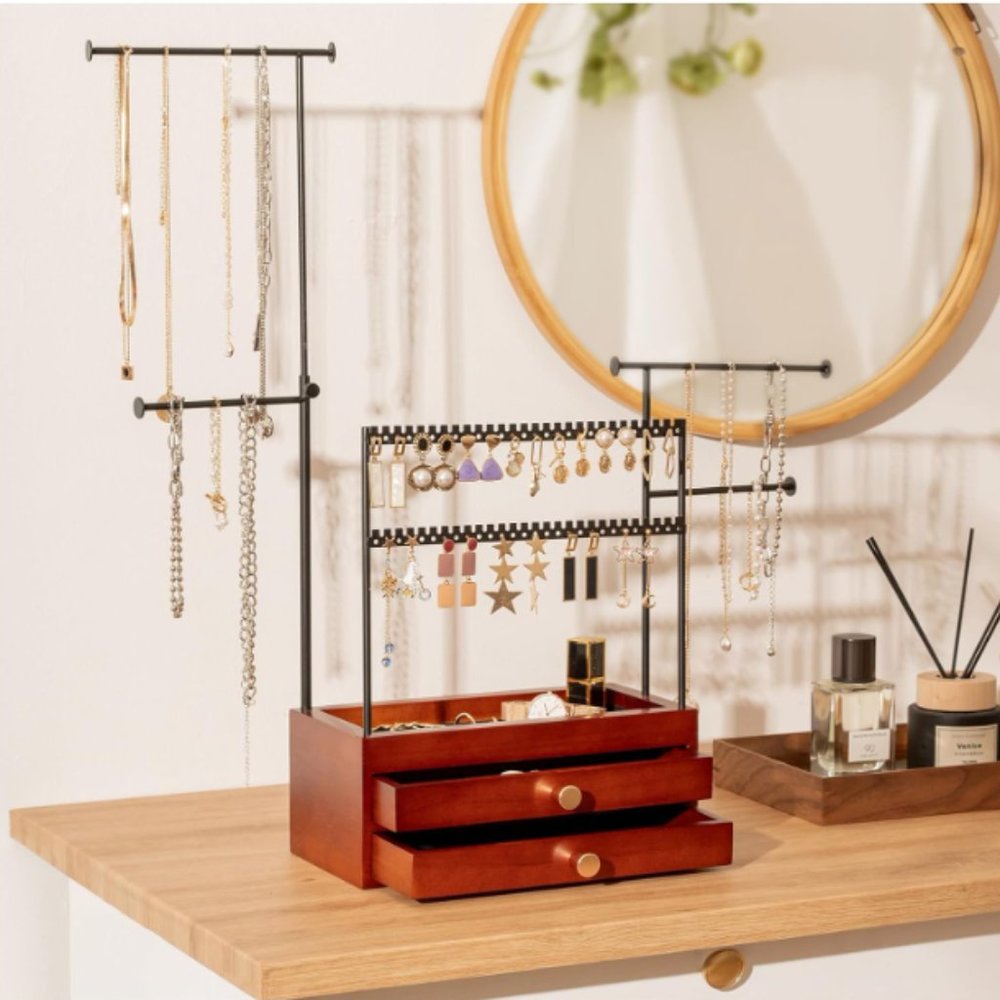 5-Tier Jewelry Stand - Earring Holders - Necklace Towers + 2 Wooden Drawers